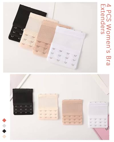 4 PCS Women's Bra Extenders 4 Hooks 3 Rows Stretchy Bra Extension Strap Elastic Bra Band Hook Bra Strap Extender Bra Extenders 4 Hooks Plus Size (3.8" x 2.95",with 3/4" Hook Center Spacing)4