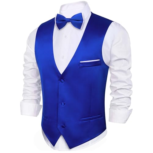 Image of Barry.Wang Mens Suit Vest Bow Tie Set 4PCS Formal V-neck Slim Fit Casual Solid Color Waistcoat Wedding Party Tuxedo