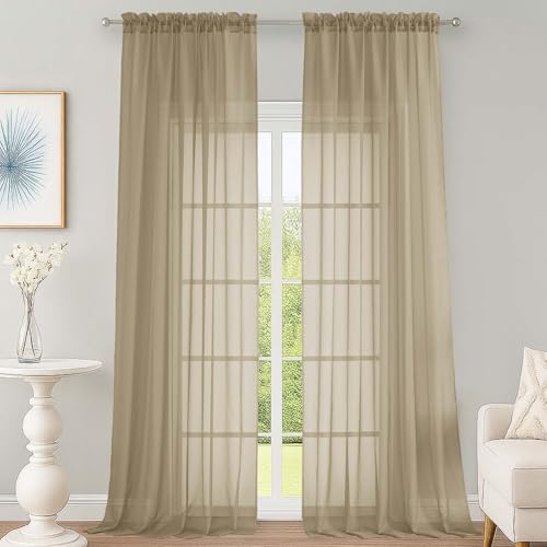 Image of OWENIE Taupe Sheer Curtains 120 Inches Long 2 Panels Set, Airy Lightweight Sheer Taupe Curtains for Living Room Bedroom, Farmhouse Voile Filmy Rod Pocket Curtains Drapes, 2 Pcs, Each 59 inch Wx120 L Inch