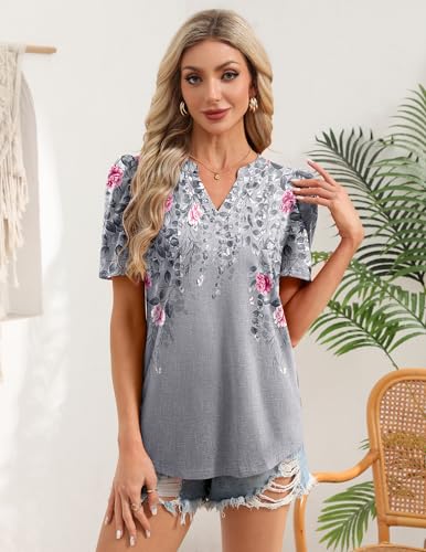 Image of Zeagoo Women Blouses Puff Short Sleeve Tops V Neck Dressy Casual Spring Shirts Boho Floral Cute Clothes 2026