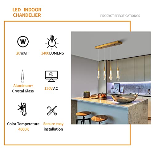 Lmqnine Kitchen Light Fixtures Ceiling Dimmable Led Modern Gold Pendant Light Mini Teardrop Crystal Pendant Light For Kitchen Island Bedroom Hallway Entryway (4-Light) (020) #TOP1