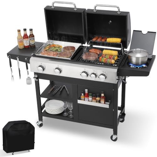 LMNOCHM 4‑Burner Gas Grill and Griddle Combo with Side Burner, 49,000 BTU