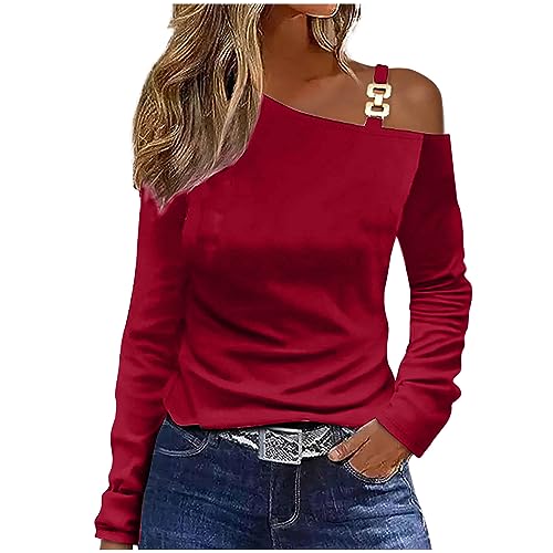 Womens Long Sleeve T Shirts One Shoulder Off Fashion Tops Casual Spring Fall Blouses French Solid Tuinc Clothes