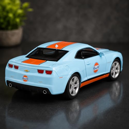 Image of Wizplex CCA Chevrolet Camaro SS Gulf 1:64 Officially Licensed Premium Die Cast Metal Car in Acrylic Display Case - Openable Doors, Collectible Muscle Coupe Showpiece for Collectors & Kids 3+