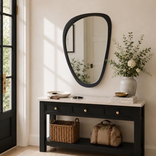 Image of Solid Wood 30x20 Matte Black Organic Irregular Wall Mirror Decor | Bold black finish and asymmetrical shape add clean contrast to modern powder rooms, small bathrooms, entryways, hallways.