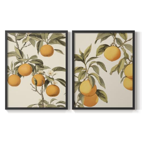 Renditions Gallery Set of 2 Peel & Stick Framed Prints, Abstract Wall Art, Orange and Green Oil Painting Citrus Fruit Wall Decor, Re-stickable - for Ready to Hang - 22"x28" - Black Frame GAL052