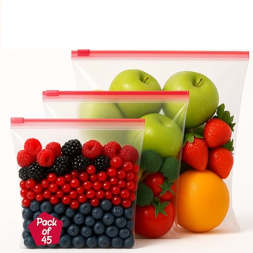 Image of Zipify Zip Lock Bag, Slider Bag - Medium 45 Bags | Slider Ziplock Pouch | Food Grade Plastic Ziplock Bags for Fridge | Multipurpose Travel Packing and Kitchen Storage