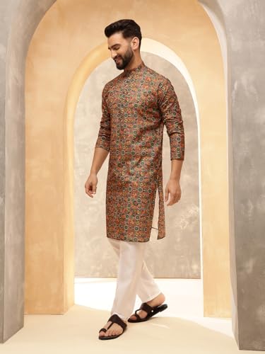 Image of SOJANYA Men's Multicolor Green Artistic Geometric Print Ethnic Wear Cotton Kurta