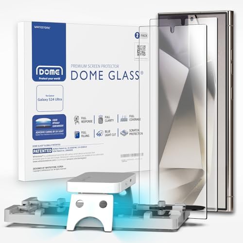 DOME GLASS 2PACK [ Bubble free, non-sliding type installation kit ] Whitestone Screen Protector compatible with Samsung Galaxy S24 Ultra - Two Pack - UV Lamp Included
