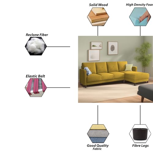 Image of Baloney RHS 6 Seater L Shape Sofa Set for Living Room (Yellow Fabric) Premium Fabric Sofa