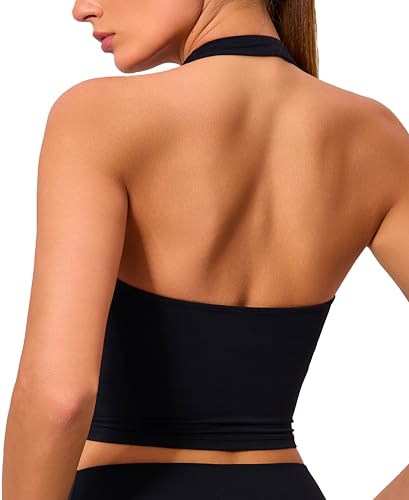 Oalka Womens Halter Sports Bra Longline Yoga Bra Gym Cropped Shirt Workout Tank Tops Black S