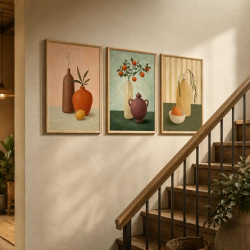 Image of Livin'luxe Set of 3 Still Life Vase Fruit Wall Paintings for Living Room Bedroom Hallway Decor with Premium Wooden Color Synthetic Frame (25.5 x 19.5 Inch) NM03-91