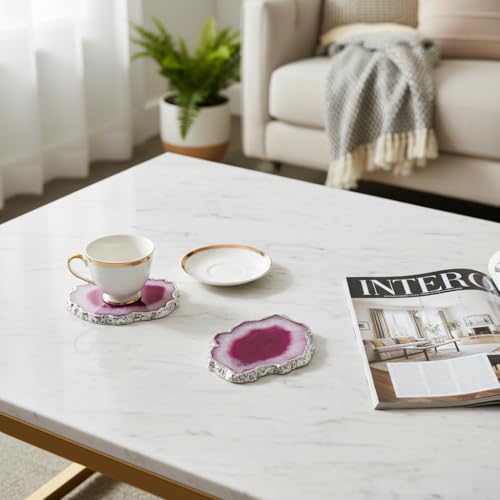 Image of Natural Agate Stone Tea Coasters Set | Premium Stone Coasters for Tea, Coffee & Glass | Heat Resistant Coasters for Dining Table, Office Desk & Home Decor | Pack of 2 | Color -Pink