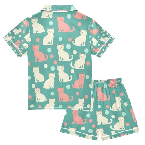senya Color Cat on Green Dot Satin Summer Pajama Sets Silk Short Sleeve Button Down Sleepwear2
