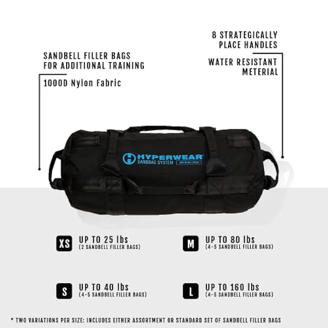 HYPERWEAR Adjustable Sandbag System, Heavy-Duty with Handles & Pre-Filled SandBell Filler Sandbags (25, 40, 80, 160 lbs)