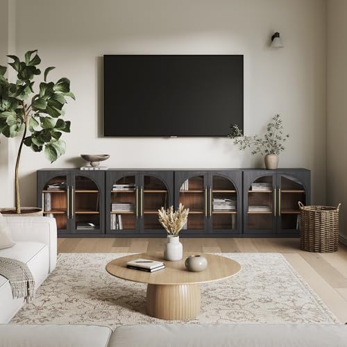 Image of BELLEZE Set of 4 Modular Sideboard with Arched Glass Door, 130'' Accent Buffet Cabinet with Storage and Adjustable Shelves,Classic Modern Credenza for Living Room Kitchen Entryway (Ebony)