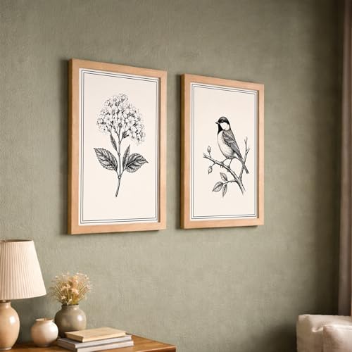 Image of NoWorries Wall Art Set of 2 Framed Prints | Vintage Botanical, Nature Bird, Coffee, Motivational & Modern Aesthetic Wall Decor for Living Room, Bedroom, Office & Home (Art-7, 17x25inch)