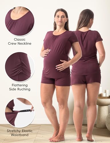 SUNNYBUY Damen Umstandsmode Stillpyjama-Set, Kurzarm-Stillshirts, Schwangerschafts-Shorts und Hosen, 3-teiliges Stillpyjama-Set, Dunkelrot L