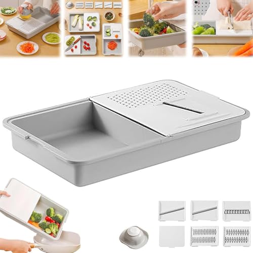 Planche à découper multifonctionnelle râpe et égouttoir, planche à découper 6 en 1 avec récipients, couvercles et râpes, avec passoire, égouttoir à légumes, pour trancher, déchiqueter, broyer
