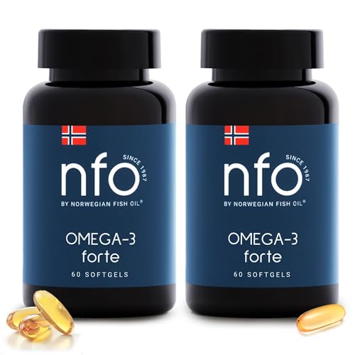 NFO OMEGA 3 FORTE 2er-Pack [2x60=120 Fischgelatine Kapseln] Norwegische Fischöl Omega 3 Kapseln hochdosiert, Fischöl Kapseln EPA & DHA als EE & Vitamin E, Omega 3 Öl Aminosäuren Komplex hochdosiert