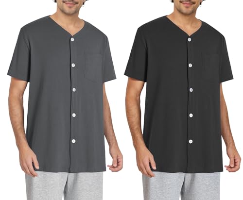 Esenchel - Esenchel Men's Button Up Pajama Shirt Cotton Sleep Top 2 Pack XL Black Gray - Best Deal on Amazon