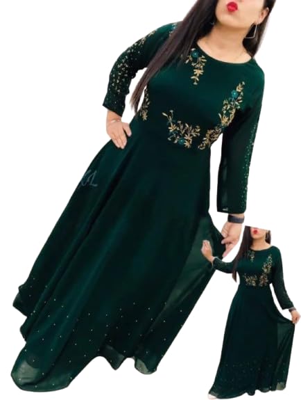 Attractive Georgette Maxi A-Line Gowns for Women (P-18435260-Large) Dark Green-image-7