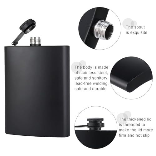 Image of Hip Flask 8oz, Flasks for Men with Funnel, Whisky Alcohol Black Mat 304 Stainless Steel 100% Waterproof, Portable Pocket Personalised Groomsmen Gifts Bar Party Drinking