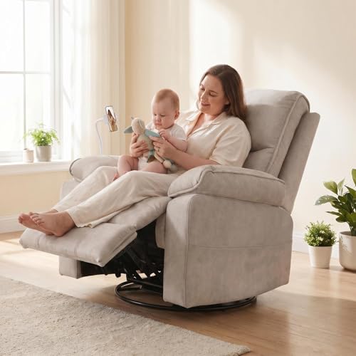Image of 360 Swivel Glider Rocking Chair Nursery， Oversized Recliner with Phone Holder，Nursing Chairs for Breastfeeding with Wide Foot Rest for Living Room and Baby Room,Beige