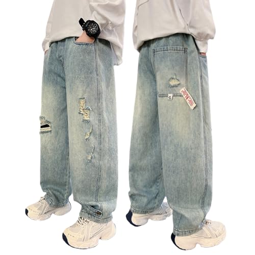 Ripped Jeans for Boys, Baggy Denim Pants, Elastic Waist Loose Trousers with Distressed Design & Pockets