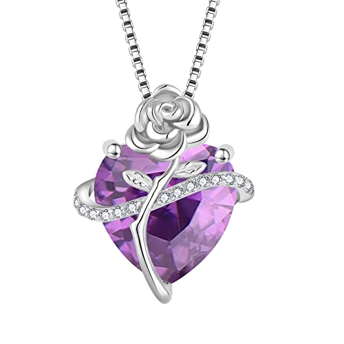 Birthstone Necklace for Women 925 Sterling Silver Love Heart Rose Flower Necklace Dainty Jewelry Gifts for Women Wife Girlfriend Mother Daughter Her