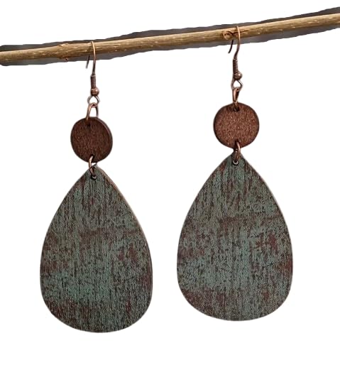 ◦•●◉ஐ RUSTIKALE PATINA HOLZ LEICHTE EXTRALANGE OHRRINGE AUS HOLZTROPFEN AN KUPFERFARBENEN OHRHAKEN IN BRAUN UND GRÜN MELIERT ஐ◉●•◦ sehr lange Ohrringe aus Holz-Tropfen und -Scheibe