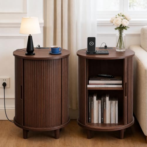 Image of DHH Round End Table with Storage & Charging Station, Fluted Accent Side Table with Sliding Door & Adjustable Shelf, Mid-Century Nightstand for Small Spaces, Living Room, Bedroom (1, Walnut)