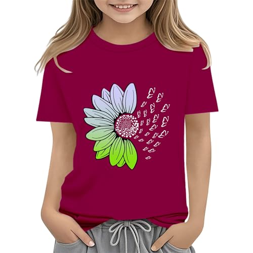 Girls Loose Fit Sunflower Graphic T Shirts Short Sleeve Crewneck Cute Pattern Printed Tops Kids (D-Wine, 2-3 Years)