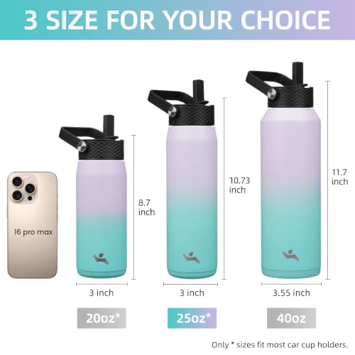 Image of Konokyo 25oz Insulated Stainless Steel Water Bottle with 3 Lids, Leakproof BPA-Free Bottle with Straw Lid, Sip Lid and Flex Cap for Gym, Travel, School, Office, Oasis