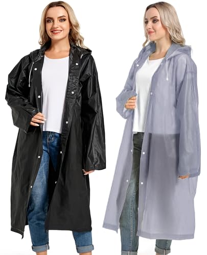 Image of Rain Ponchos for Adults Reusable Raincoats Survival Heavy Duty Military Impermeable 2 Packs Rain Coat