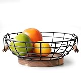WILDMOS Fruit Basket,black Wire Basket with Acacia Wood Base,large Fruit Bowl for Countertop,black Baskets for Fruits, Breads, Vegetables Storage. (10-inch)