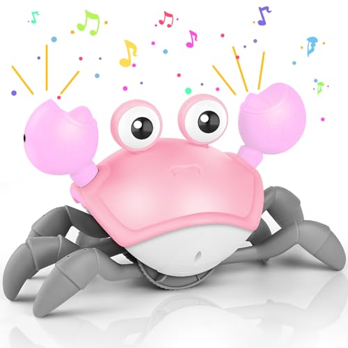Image of Crawling Crab Baby Toy, Tummy Time Girl Gifts for Babies 3-6 6-12 Month, Light-Up Walking Dancing Moving Crab with Music & Obstacle Avoidance, Rechargeable Musical Toys 1 Year Old Girls Gift (Pink)