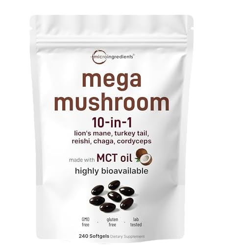Mega Mushroom Supplement | 240 Softgels with MCT Oil for Better Absorption | Ultimate 10 in 1 Complex with Chaga, Lions Mane, Cordyceps, Reishi, & More | Freshly Harvested Real Mushrooms