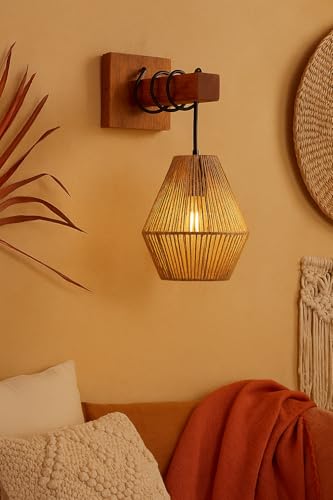 Image of AKWAY Rattan wall Lamps for Living Room | Bamboo wall Lights for Bedroom | Cane wall scones for Home Decoration (Bulb Not Included) (Raffia Bell Shaped)