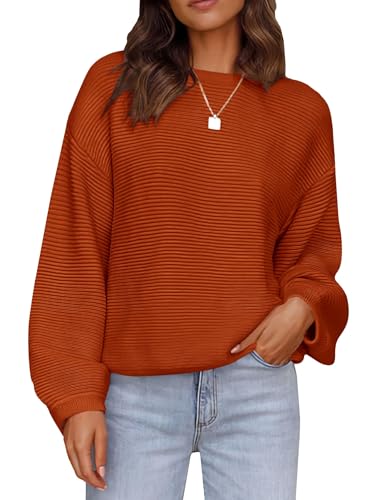 PRETTYGARDEN Womens Fall Sweaters 2025 Casual Loose Crewneck Ribbed Long Sleeve Top Knit Pullover Sweater (Rust Red,Large)