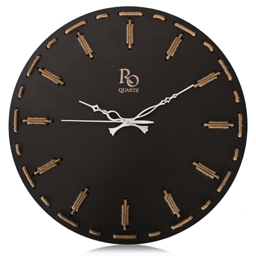 Image of Wooden Round Shape Wall Clock With Silver Hands and Golden Jute Rope Detailing | Elegant Silent Quartz Movement Anti Reflection Analog Vintage Clock for Home and Office (Black, 15.5 Inch)