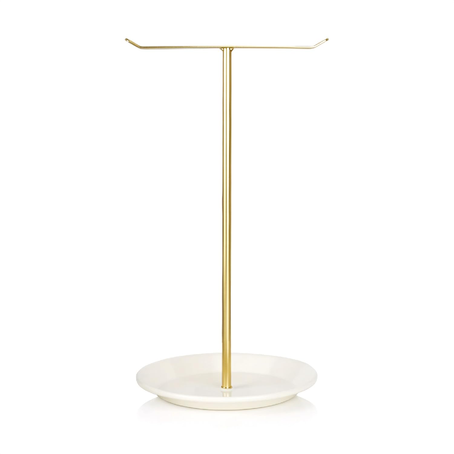 Tabanzhe Gold Necklace Holder Stand,Jewellery Holder Stand with Tray,T Bar Jewellery Organiser for Necklaces Bracelets Rings Hanging,Metal Jewellerys Display Rack for Women Dressing Table Vanity