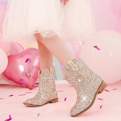 Image of Motasha Toddler Girls Cowgirl Boots Gold Cowboy Boot for Big Kids Cowgirl Boot Size 3 Horse Riding Shoes Birthday Party Wedding (M7111 Sequin Gold 3)