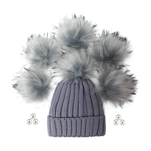Furryvalley Faux Fur Pompom 6pcs DIY Crafts Fluffy Balls for Hat Shoes Scarves with Snap Fastener Removable Knitting Hat Horse Riding Hat Silk Accessories 6 Inch Extra Large (Gray)