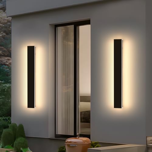 Image of 2 Pack 23.6inch Long Outdoor Led Wall Lights, IP65 Waterproof Black Outside Porch Lights, 3000K Warm White, 24W, Modern Exterior Wall Sconces Lighting for Garage, Patio, House, Garden