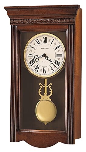 Howard Miller Eastmont Wall Clock, Wooden Finish with Golden Pendulum | Round Cream Dial with Roman Numerals & Volume Control Dual-Chime Movement Best for Living Room Office & Home Decor