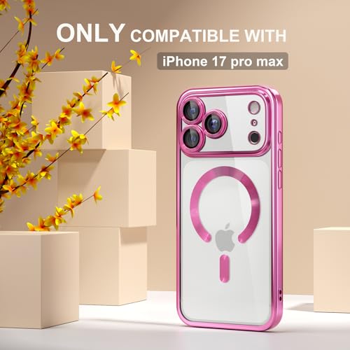 Image of Misea Magnetic for iPhone 17 Pro Max Case Compatible MagSafe Hot Pink | [Never Yellowing] [Military Drop Protection] Full Camera Lens Protector Plating Soft Clear Phone Case for Women, Hot Pink
