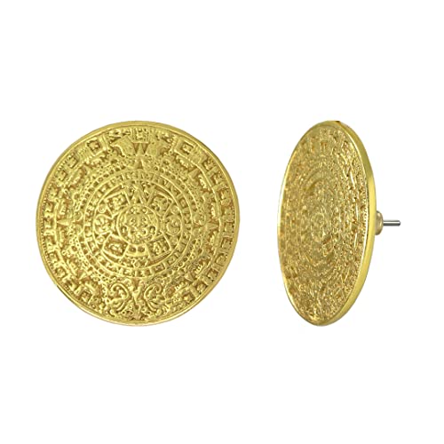 Across The Puddle, Historical Jewelry Collection, 24k Gold Plated Pre-Columbian Aztec Solar Calendar Earrings