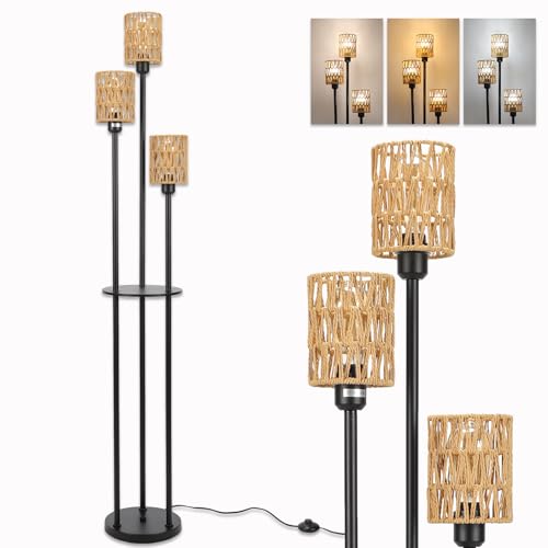 Winverty Lampadaire Rotin Boho avec Étagère 3 Lumières, Abat-jours en Rotin et Interrupteur à Pied, Style Industriel Noir pour Salon Chambre Bureau, Douille E27, 1.66M