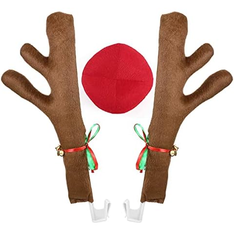 Richaa Reindeer Antlers for Car Car Reindeer Antlers Nose Car Reindeer Antlers Window Roof Top Grille Rudolph Reindeer Kit Auto Christmas Decoration for Car SUV Van Truck Cover
